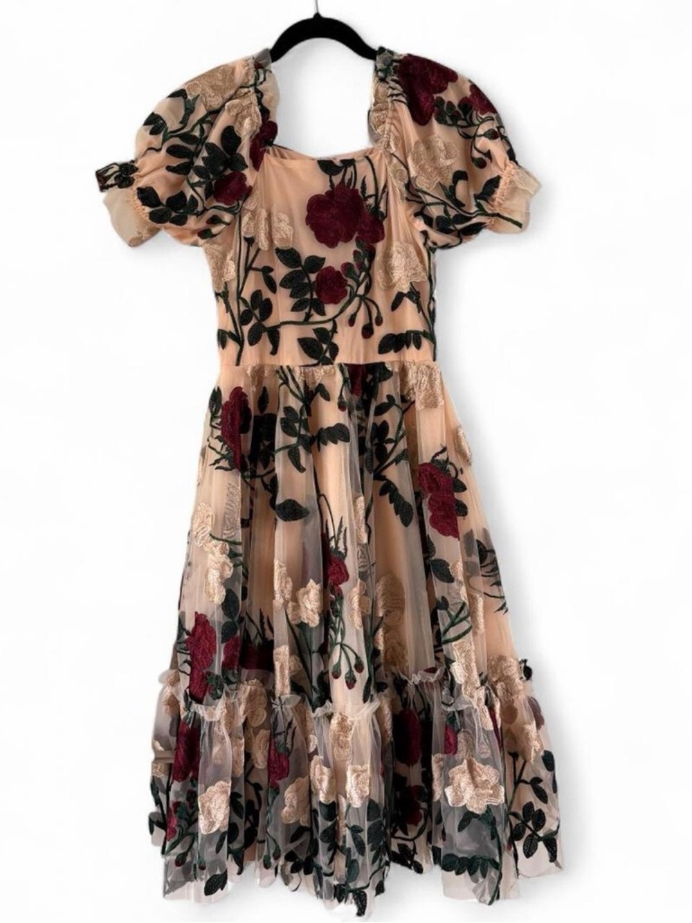 Ivy City Co Floral Embroidered Puff-Sleeve Midi Dress in Blush- Girls Size 13/14